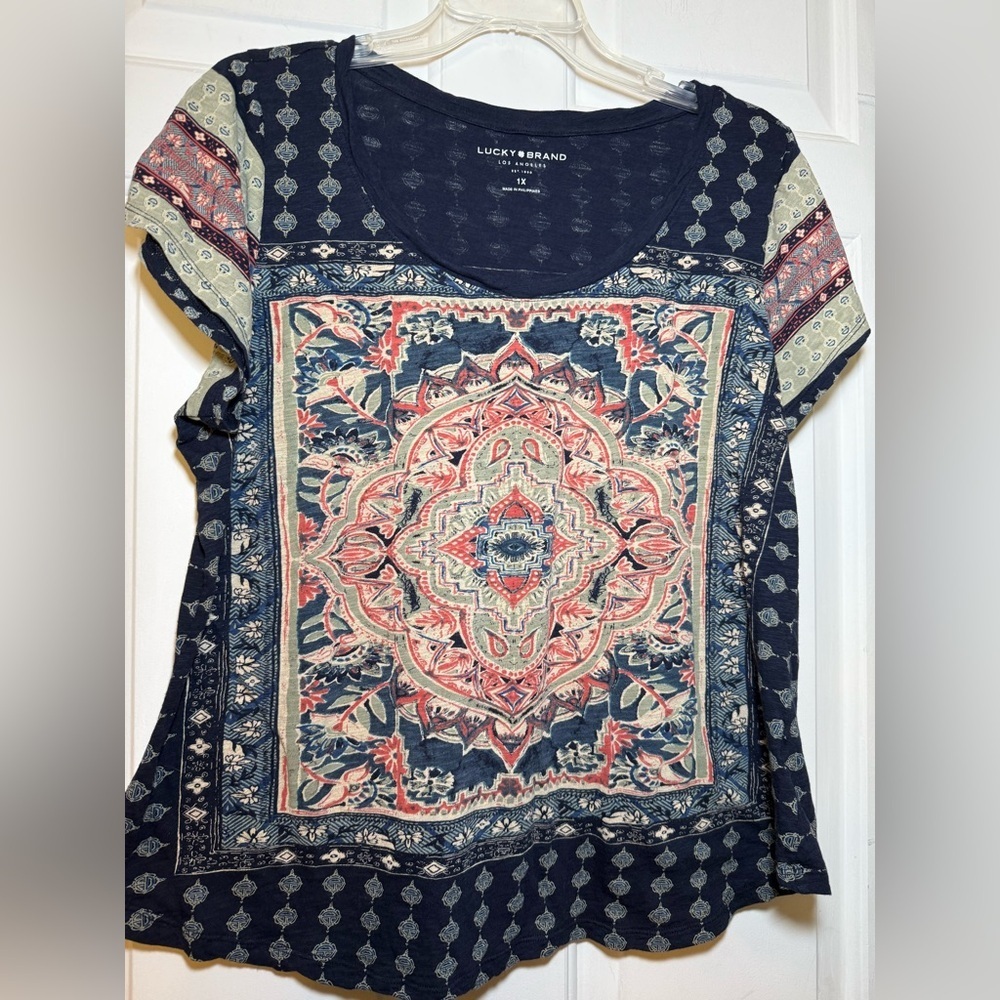 Lucky Brand 1X Woman’s Bandana Print Top Colorful Scoop Neck Bohemian Light